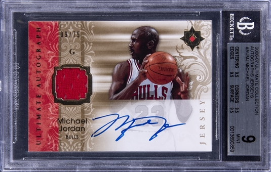 2006/07 Upper Deck Ultimate Collection "Ultimate Jersey Autographs" #MJ Michael Jordan Signed Jersey Card (#09/75) - BGS MINT 9/BGS 10